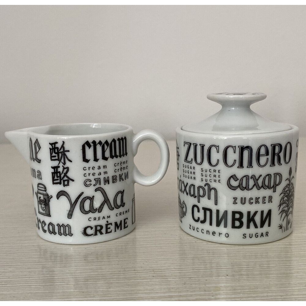 1970s MCM Seymour Mann Coffee Creamer Sugar Bowl All Over Print Black White
